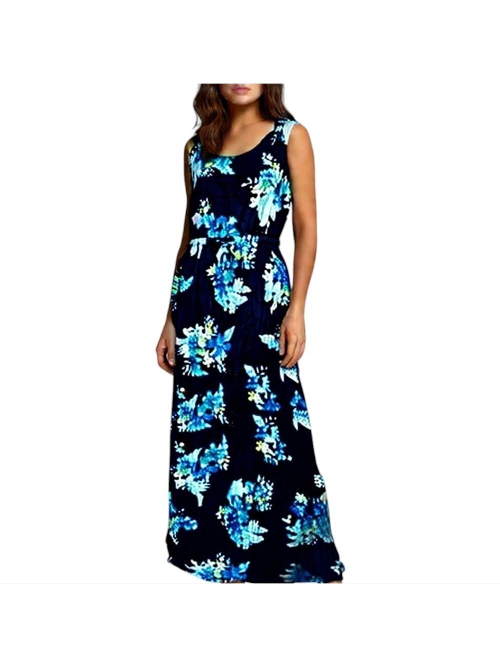 A.N.A Floral Waist Drawstrings Maxi Slit Scoop Neck Sleeveless Dress M